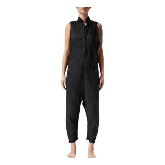 Pilcro Anthropologie Linen Mechanic Jumpsuit Romper Noir Black Knit Snap Front S - Picture 1 of 10